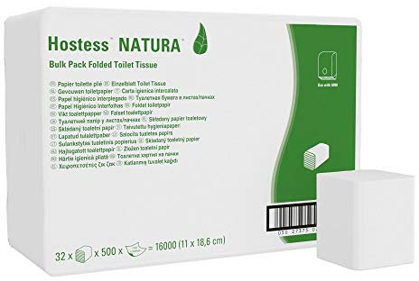 Hostess Natura, 8036, Papier Toilette Plié, 1 Épaisseurs, Blanc, 32 Paquets de 500 Feuilles