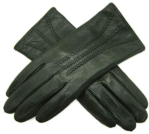 Damen Premium Qualität super weich Leder Handschuhe Kunstpelz Futter Streifen-Detail enge Passform - Dunkelgrün, L