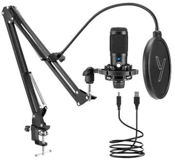 Yenkee Microphone USB à Condensateur, Omnidirectionnel, avec Bras de Studio 75 cm, Filtre Anti-Pop, pour Streaming et Podcast YMC 1031