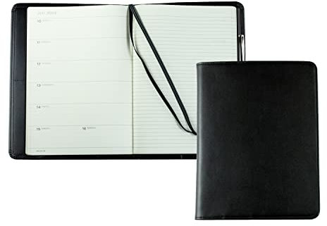 DELMON VARONE - Personalisierbares Kalenderbuch 2025 + 2026 DIN B5 Boxcalf Leder schwarz - Organizer Buch-Kalender (1 Woche 1 Seite) im Hardcover - Notizbuch Kalender Stiftschlaufe, Fächer & Merkband