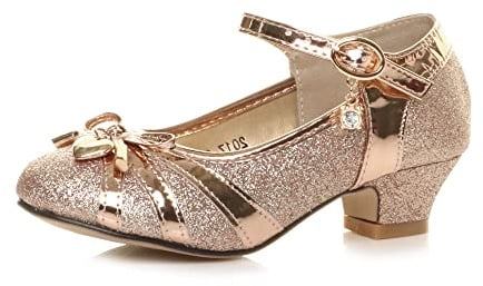 AJVANI Girls Kids Childrens Low Heel Diamante Bow Mary Jane Glitter Court Shoes Size