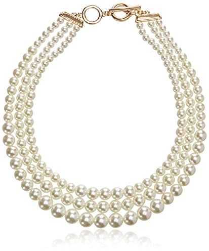 Anne Klein Gold Tone Blanc Pearl Collar Necklace for Women – 17 Inch White Glass Pearl Statement Necklace with Toggle Closure, Gold and White Fashion Jewelry Collar Necklace
