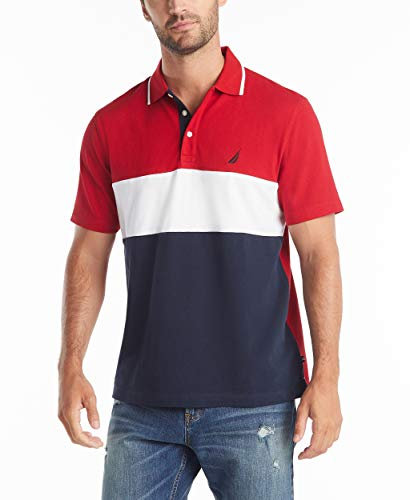 Nautica Men's Short Sleeve 100% Cotton Pique Color Block Polo Shirt, Nautica Red, M UK