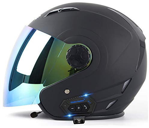 MTTKTTBD Casque Moto Jet Bluetooth,Professionnel Casques Moto avec Anti-buée Double Visière pour Adultes,Casques Motocross avec Microphone Intégré pour Réponse Automatique