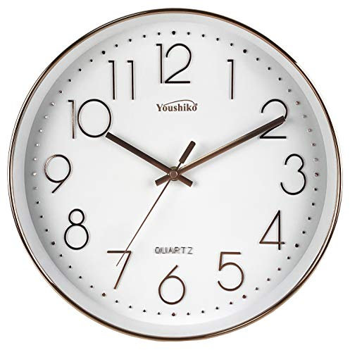 Youshiko Large Bold Quartz Rose Gold Wall Clock, 12'' Non Ticking Silent Sweeping Seconds, Home/Kitchen/Office/School Clock, Easy to Read