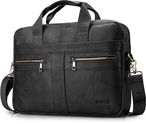 BAGZY Leather Laptop Bag for Men - 15.6 Inch Briefcase Messenger Shoulder Bag for PC Business Handbag Document Bag (Black)