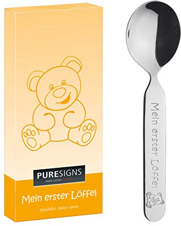 Puresigns Mein erster Löffel graviert, Kinderbesteck mit Bär, Babylöffel personalisiert, Geschenk zur Geburt, Taufe, Geburtstag
