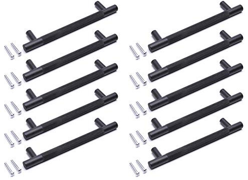 BSM Marketing Black Knurled T Bar Modern Kitchen Cupboard Cabinet Drawer Bar Door Handle Knob Matt Finish (10, 160mm)