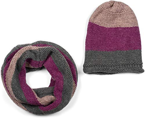 styleBREAKER Unisex Strick Loop Schal und Mütze Set mit Streifen Muster, Strickschal mit Beanie Strickmütze, Winter 01018215, Farbe:Grau-Himbeer-Altrose