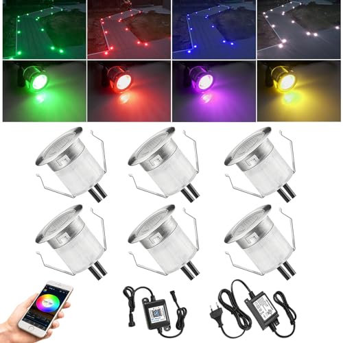 6er RGB Led Bodeneinbauleuchten Aussen, WiFi/Bluetooth Ø30mm Bodeneinbaustrahler LED, 12V 0.5W IP67 Wasserdicht Led Mini Spots Einbaustrahler Außen Terassenbeleuchtung Bodenspots für Terrasse