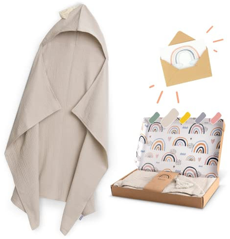 Räuberella® Kapuzenhandtuch-Baby in Beige I 75x100cm I Musselin-Badetuch-Baby aus 100% Bio-Baumwolle I Saugfähiges Babyhandtuch mit Kapuze I Badehandtuch-Geschenkset inkl. Verpackung & Karte