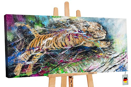 YS-Art Abstrakt Design Acryl Gemälde auf Leinwand Energie handgemalt Wandbilder Wohnzimmer modern Wohndekor Bilder Büro Kinderzimmer Tiger echte Kunst 140x70 cm