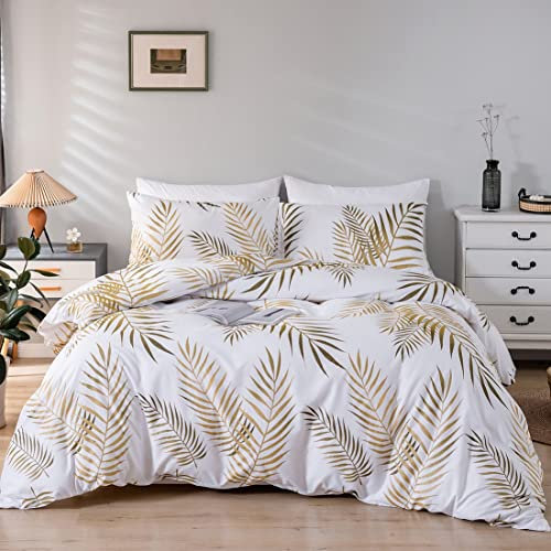 Damier Bettwäsche 200x220cm Gold Weiß Blätter Muster Bettbezug Set 3 Teilig Weiche Microfaser Bettdeckenbezug mit Verdecktem Reißverschluss und 2 Kopfkissenbezüge 80 x 80cm, Blätter Motiv