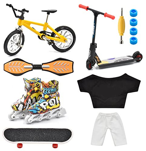 LALASTYLE Mini Finger Spielzeug Set Finger Skateboard Finger Fahrrad Finger Roller Finger Vitality Board 1 Paar Skates Finger Pants Training Tricks Requisiten Fingerspitzen Bewegung Spielzeug Party