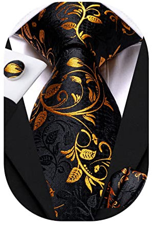 Hi-Tie Herrenkrawatte Orange Gold Blume Seidenkrawatte Set Einstecktuch Manschettenknöpfe Schwarze Krawatte für Business Formal Hochzeit