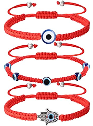 BRACO Bracciali Portafortuna Filo Rosso Kabbalah Pack 3 | Malocchio, occhio turco, mano di Fatima, nodo scorsoio regolabile e corda intrecciata annodata fatta a mano