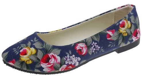 Hwalleum Ladies Floral Printed Ballet Flats, Womens Casual Comfort Round Toe Flat Pumps Girls Elegant Flower Printing Flat Shoes Office Shoes Driving Loafers Wedding Flats Navy Blue