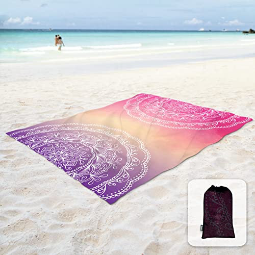 Sunlit Seidig weiche, sanddichte Boho-Stranddecke, sanddicht, Matte mit Ecktaschen und Netztasche für Strandparty, Reisen, Camping und Outdoor-Musikfestival, lila und rotes Mandala, 269,2 x 205,7 cm