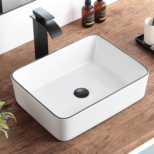 KARAMAG - Fregadero rectangular para baño, 19 x 15 pulgadas, rectangular, moderno, sobre encimera, porcelana blanca, cerámica, lavabo artístico