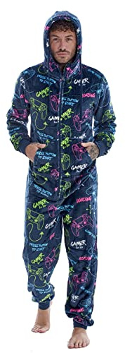 Keanu Mens Gamer Controller Onesie with Hood - All Over Print Neon Gaming Design - Supersoft Flannel Fleece - Mens Sizes S - XL (S/M)