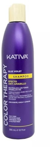 KATIVA Color Therapy Blue Violet| Champú Matizador 355 ml | Champú Violeta Efecto Anti-Amarillo | Karité, Coco y Cítricos | Sin Sal, Sulfatos Ni Parabenos | Cabello Rubio, Canas o Gris