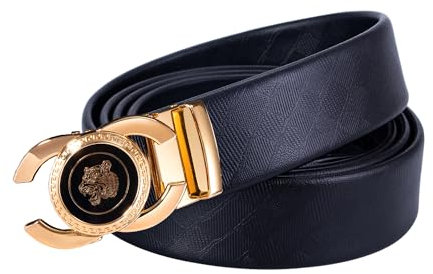 Barry.Wang Luxuriöser Herrengürtel mit goldfarbener Schnalle, Ratsche, Tier, schwarzes Leder, Geschenk-Box, Westerngürtel für Kleid, Jeans, Tigermuster, Length 130cm-51,adjustable