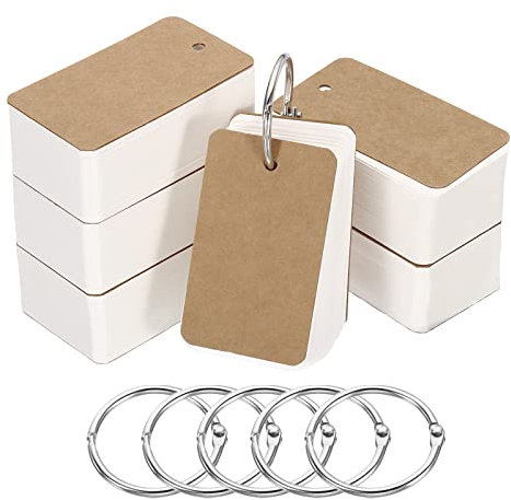 PATIKIL Blank Index Cards with Ring, 600Pcs Blank Flash Card 2.8x1.6 Study Note Cardstock for Memory Learning Studying Office Supplies, Brown White