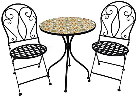 INDA-Exclusiv Schönes Mosaik Set 3-teilig Sitzgarnitur Sitzgruppe Gartentisch Stühle Gartenmöbel Bistrotisch