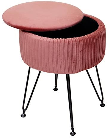 Mendler Sitzhocker HWC-K47, Hocker mit Staufach, Ø 33cm, Samt-Optik - rosa, Gestell schwarz