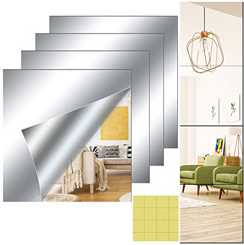Jognee Pack of 4 Self-Adhesive Mirrors, 20 x 20 cm, Self-Adhesive Flexible Mirrors, Non-Glass, DIY Acrylic Wall Decoration, Decorative Mirror, Frameless Wall Mirror