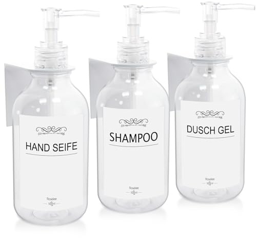 Roselee 3er Seifenspender Wandbefestigung Set, Seifenspender Dusche Ohne Bohren 500ml Seifenspender Wandmontage Transparent Shampoo Spender mit Trichter und Wasserdichten Etiketten für Küche Bad