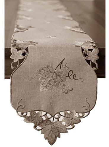 Tischdecke Mitteldecke Tischläufer Deckchen Kissenhülle Herbst beige braun Bestickt mit Blättern Leinenoptik (25 x 160 cm Tischband)