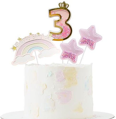 4PCS 3rd Birthday Cake Toppers Rainbow Little Stars for Birthday Party Wedding Anniversary Baby Shower Decoration (pink)
