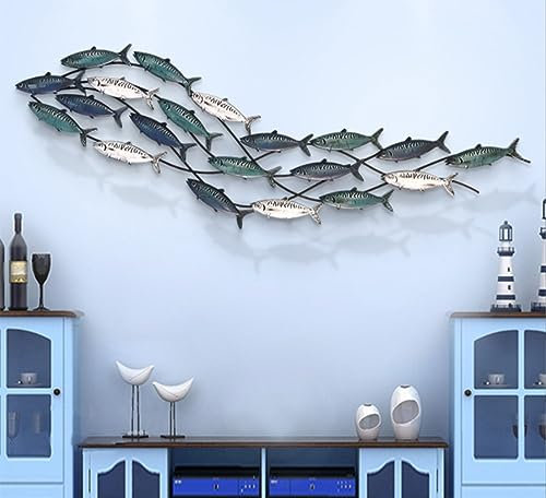 Handgemachte Wanddekor Fischschwarm, Wandskulptur Fische Maritime Deko, Marine-Dekor, Natur Home Art Metallwandkunst Wanddekoration, 150 X 42 cm