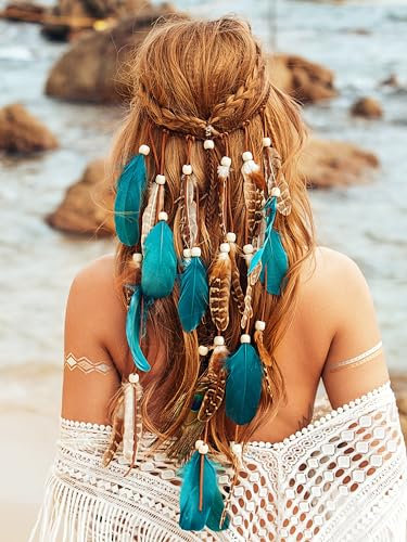 Fashband Serre-tête indien à plumes et pampilles style bohème hippie, bandeau tribal bleu, avec perles, festival, fête, accessoire de cheveux pour femmes et filles