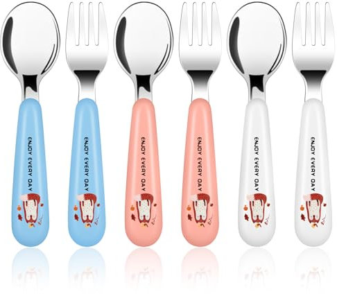 Vicloon Set de Couverts en INOX Enfant, 6PCS Fourchette et Cuillère Enfant Prise Facile Acier Inoxydable pour Tout-Petit Stensiles d'apprentissage Parfaits-Petit Renard