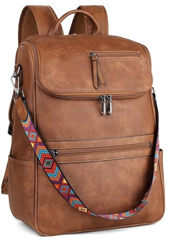 FADEON Laptop-Rucksack für Damen, Leder-Reiserucksack mit Laptopfach, Designer-PU-Schulter-Laptop-Tasche, 1 brauner Retro-Stil, 12.7W x 5D x 16H, Laptop-Rucksack aus Leder für Damen, große