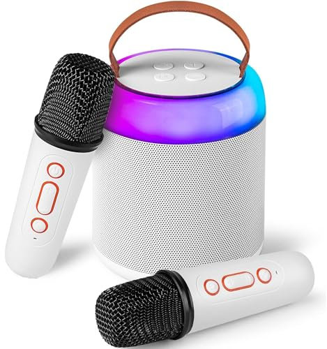 auvstar Karaoke Macchina Portatile Sistema Karaoke Microfono Mini Impianto Karaoke 2 Mini Microfoni Wireless Altoparlante Karaoke Bluetooth Ricaricabile Karaoke Completo per bambini(Bianco)
