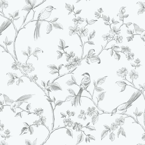 Yomshi Carta da parati autoadesiva bianca con fiori e uccelli, 41 cm x 10 m, impermeabile, per mobili, per soggiorno, camera da letto, cucina
