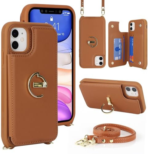Zouzt for iPhone 11 6.1 Inch Wallet Case with Card Holder and Strap for Women, PU Leather Ring Kickstand Card Slots Case, Crossbody Lanyard Protective Phone Cover (Brown)