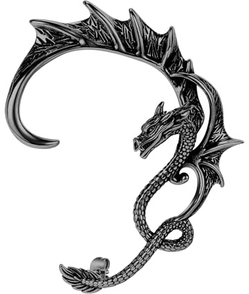 AccGin Gothic Dragon Earrings Cuff 1pcs Retro Silver Punk Stainless Steel Dragon Cuff Earring Cartilage Climber Ear Wrap for Women or Men