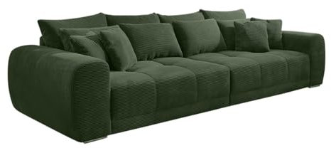 Big Sofa XXL 306 cm x 134 cm, bequeme Lounge Couch mit hochwertiger Federkernpolsterung, viele Kissen, Liegefläche 120 cm x 240 cm, modischer Cordstoff-Bezug in Grün / 15172