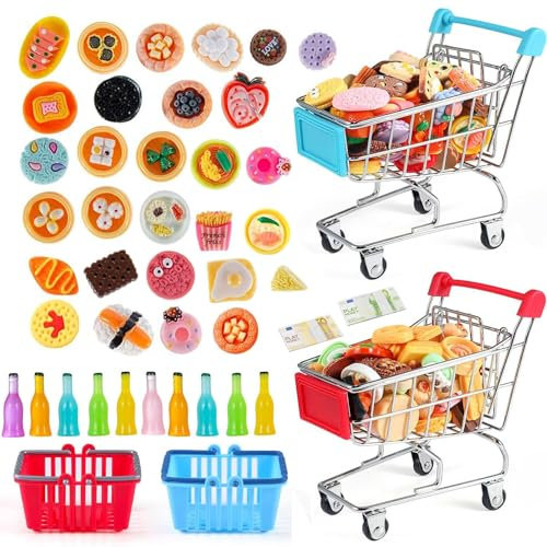 Mini Carrito Compra Juguetes,Mini Cesta de la Compra, Juguetes de Bebida Comida, Juego de rol de la Tienda, Juguetes para Juego de Imitación para Niños