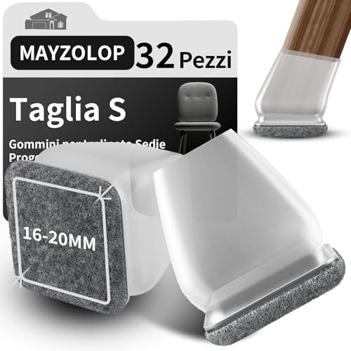 MAYZOLOP 32 Pezzi Gommini per Sedie, Cuscinetto Trasparente da 0,75inch Feltrini Inclinabili Quadrati, Con Cuscinetti in Grigio Feltro, Senza Graffi, Senza Rumore