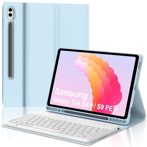 IVEOPPE Keyboard Case for Samsung Galaxy Tab S9 FE Plus/S9 Plus 12.4 Inch- Case for Samsung Tab S9+ 12.4 Inch with UK Layout Keyboard, Detachable Wireless Keypad for Galaxy Tablet S9+, Light Blue