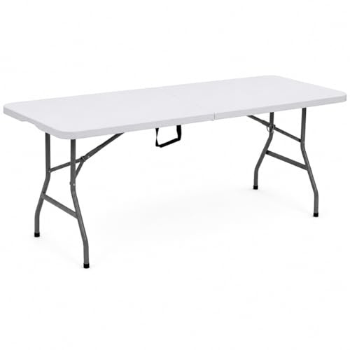 6FT Heavy Duty Folding Table – 180cm Rectangular Trestle Table – Portable Foldable Plastic Table for Outdoor & Indoor Use – Picnic, BBQ, Camping, Garden, Wedding, Catering – White