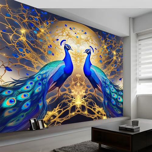 Custom Fantasy Art Peacock Tree of Life Panoramic Wall Mural, Blue Wallpaper 350 x 256 cm (W x H), Modern Large-Scale Wall Art Mural Panoramic Poster for Living Room Bedroom Office