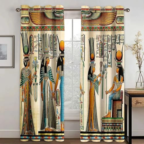 IKDZCM Altägyptische Kultur Verdunkelungsvorhänge für Wohnzimmer Luxuriöse Palast Pharao Wandmalereien Villa Esszimmer Schlafzimmer Küche Tür WxH/2x228x228cm gardinen Blickdicht
