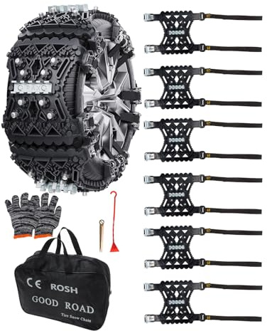 KYX Reifenketten für Auto/SUV/Pickup Truks, verstellbare Universal-Notfall-Schneeketten für Reifen, 22,1–28,2 cm, Kautschuk, groß, 6 Stück