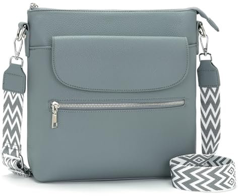 JSDOST Mittelgroße Handtasche für Damen - Große Umhängetasche aus Veganem Leder - Schultertasche mit Vielen Fächern in Graublau